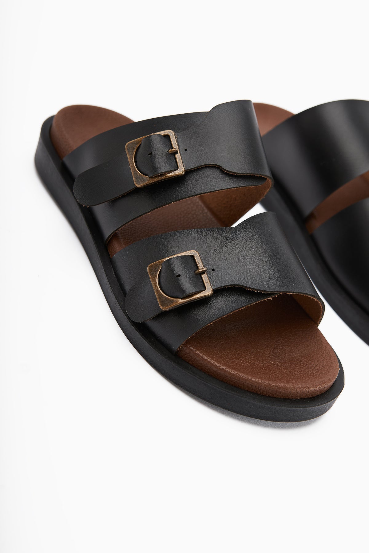 Soha Schwarz Doppelriemen Flache Damen Slipper