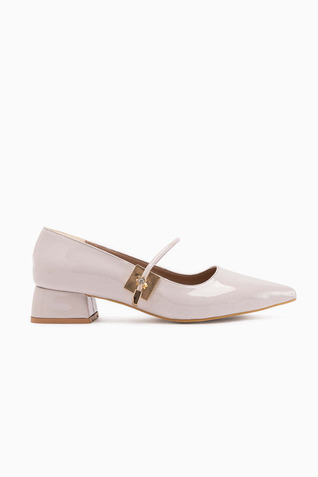 Micha Beige Lackleder Spitzes Fußbett Einzelriemen Schnallen Detail Damen Alltagsschuhe