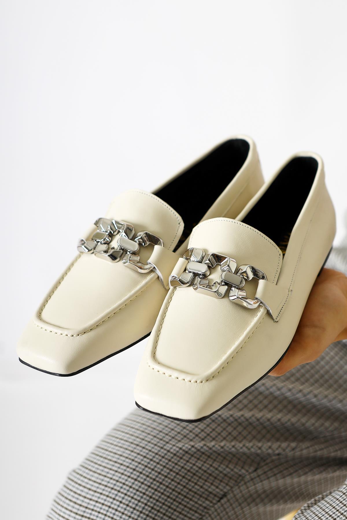 Asmin – Genuine Leather Beige Buckle-Detail Round-Toe Casual Shoe (Women)