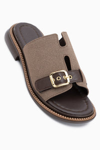 Gretha Beige Wildleder Mit Schnalle Damen Pantoletten