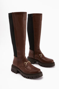 Meli Tan Weite Waden Stretch Schnalle Detail Stoff Stiefel