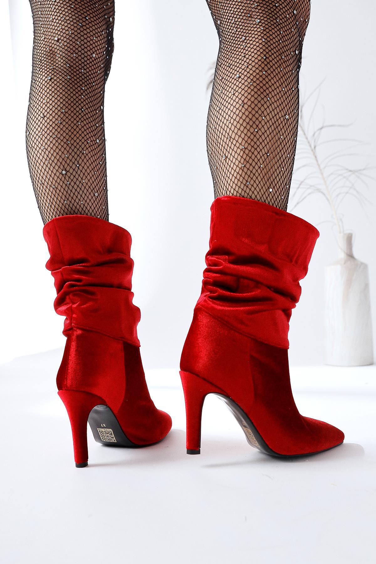 Wilma Red Velvet Gusseted Stiletto Heel Boots