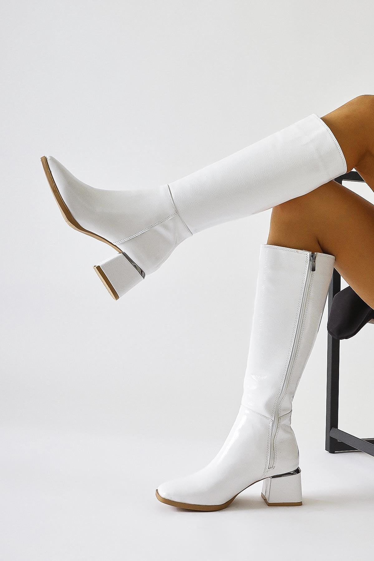Miami White Crinkle Patent Leather Flat Toe Boots