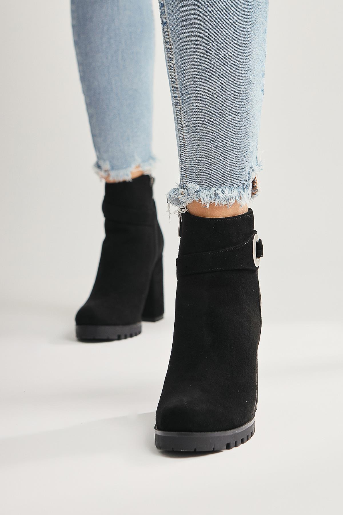 Destina Black Suede Oval Toe Ankle Accessory Heeled Boots