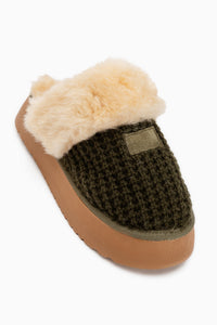Mariza Khaki Plush Knit Fur Lined Women’s Slippers