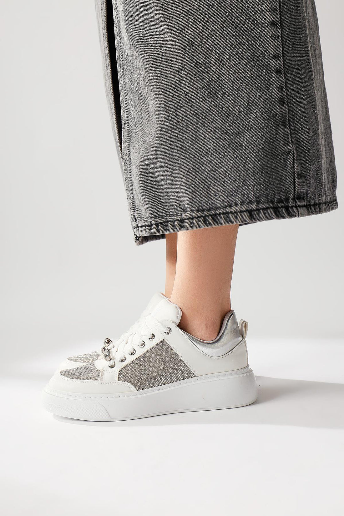 Sonnie White Thick Soled Stone Detail Sneakers