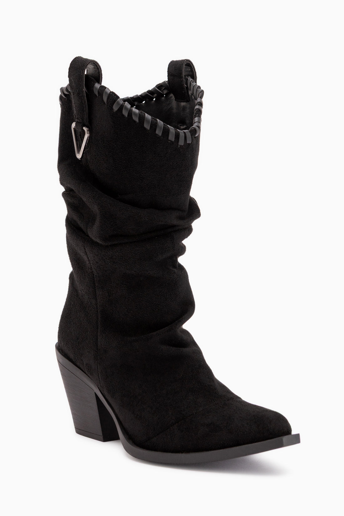 Reba Schwarze Wildleder Falten Dicke Absatz Damen Cowboy Stiefel