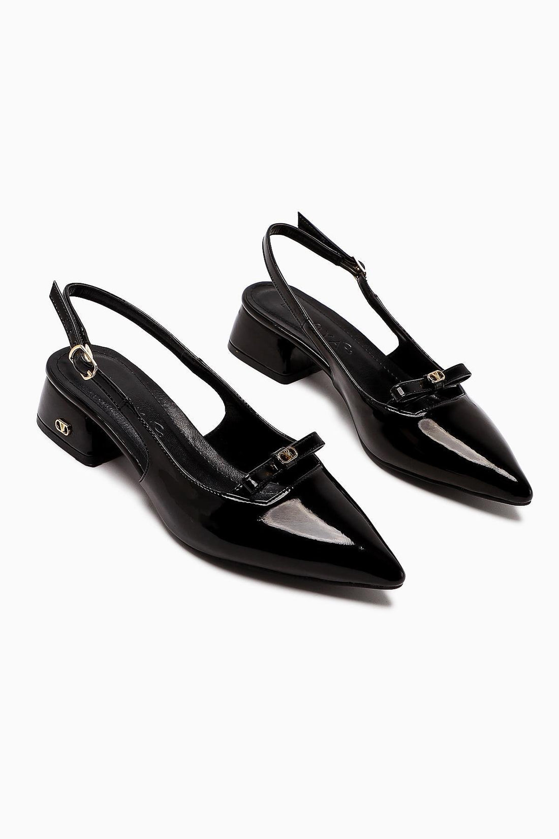 Sevy Schwarze Lackleder Schnalle Detail Damen Kurz Absatzschuhe