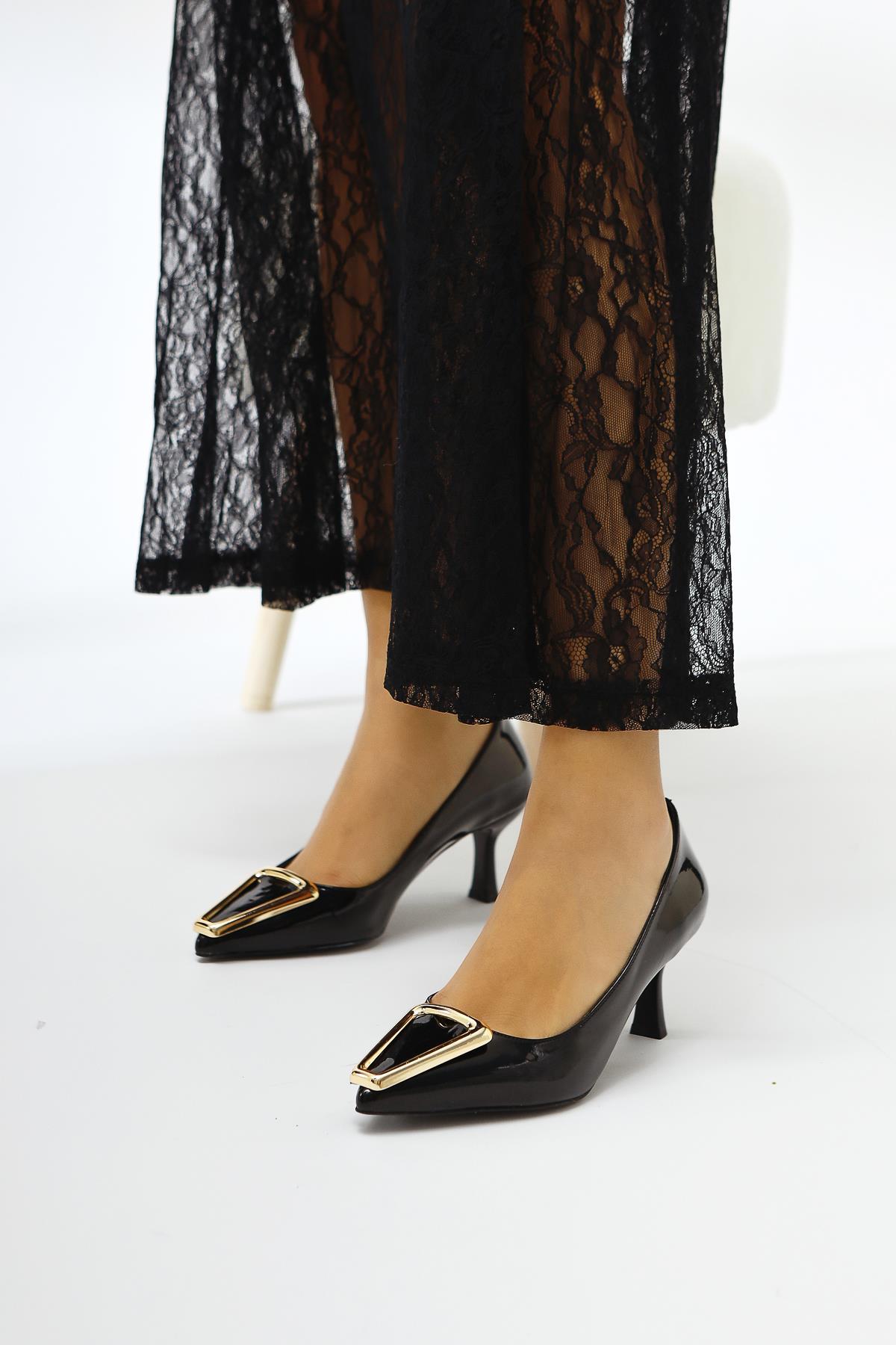 Carla Beige Patent Leather Pointed Toe Buckle Detailed Heeled Women's Shoes
