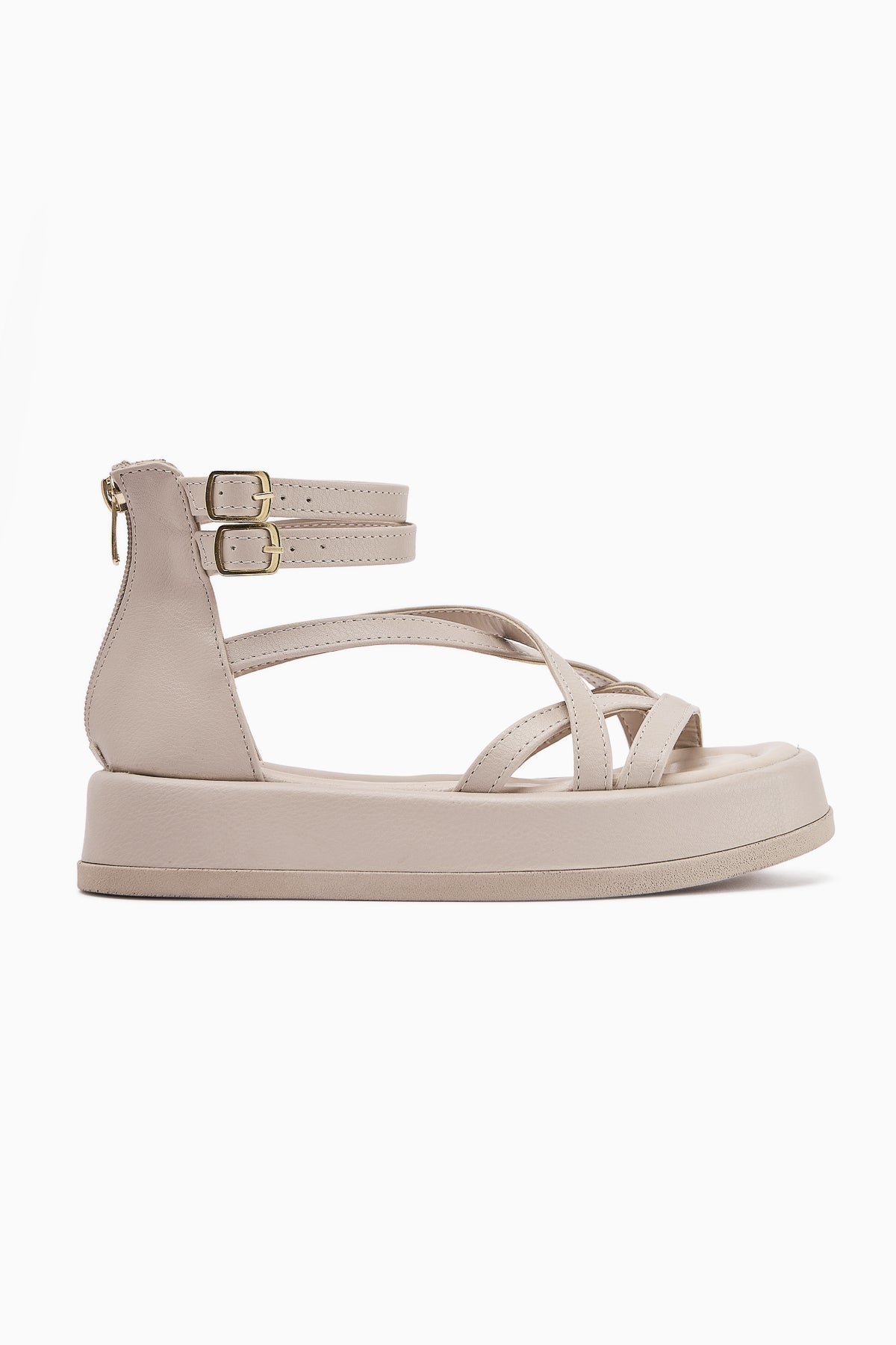 Sara Cross-Strap Nude Women's Sandal with Thick Sole and Ankle Buckle