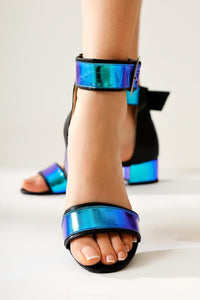 Ariola Black Hologram Thick Straw Strappy Sandals