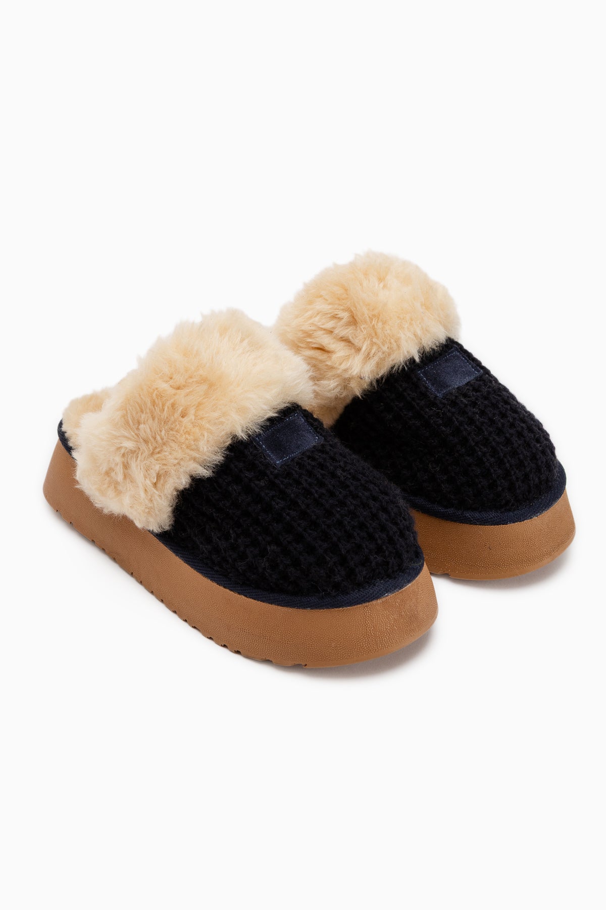 Mariza Navy Plush Knit Fur Lined Thick Sole Women’s Slippers