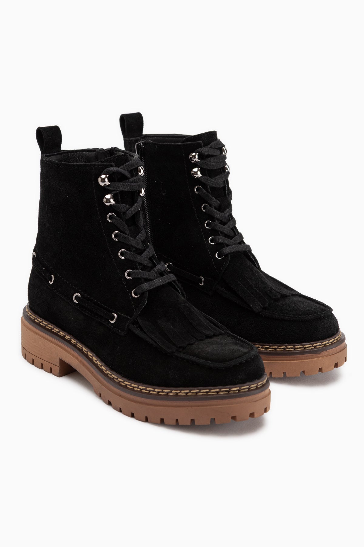 Minna Echtes Leder Schwarz Wildleder Schnürstiefel Damen