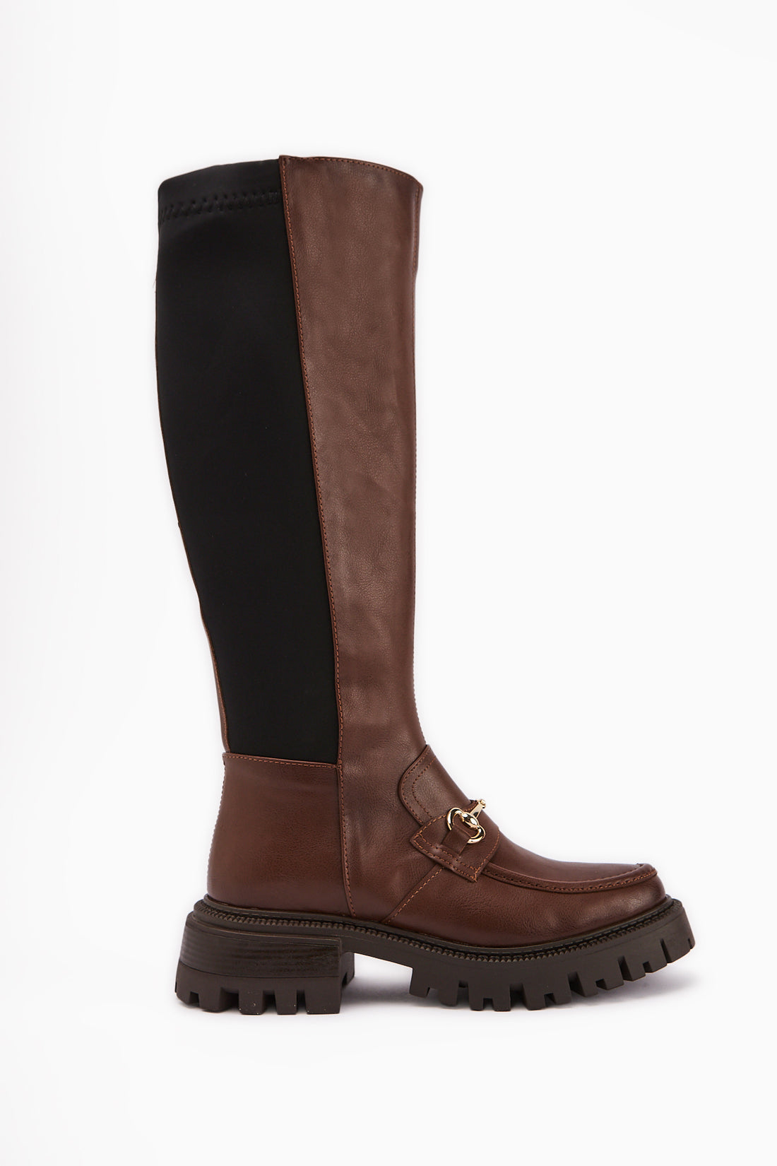 Meli Tan Weite Waden Stretch Schnalle Detail Stoff Stiefel