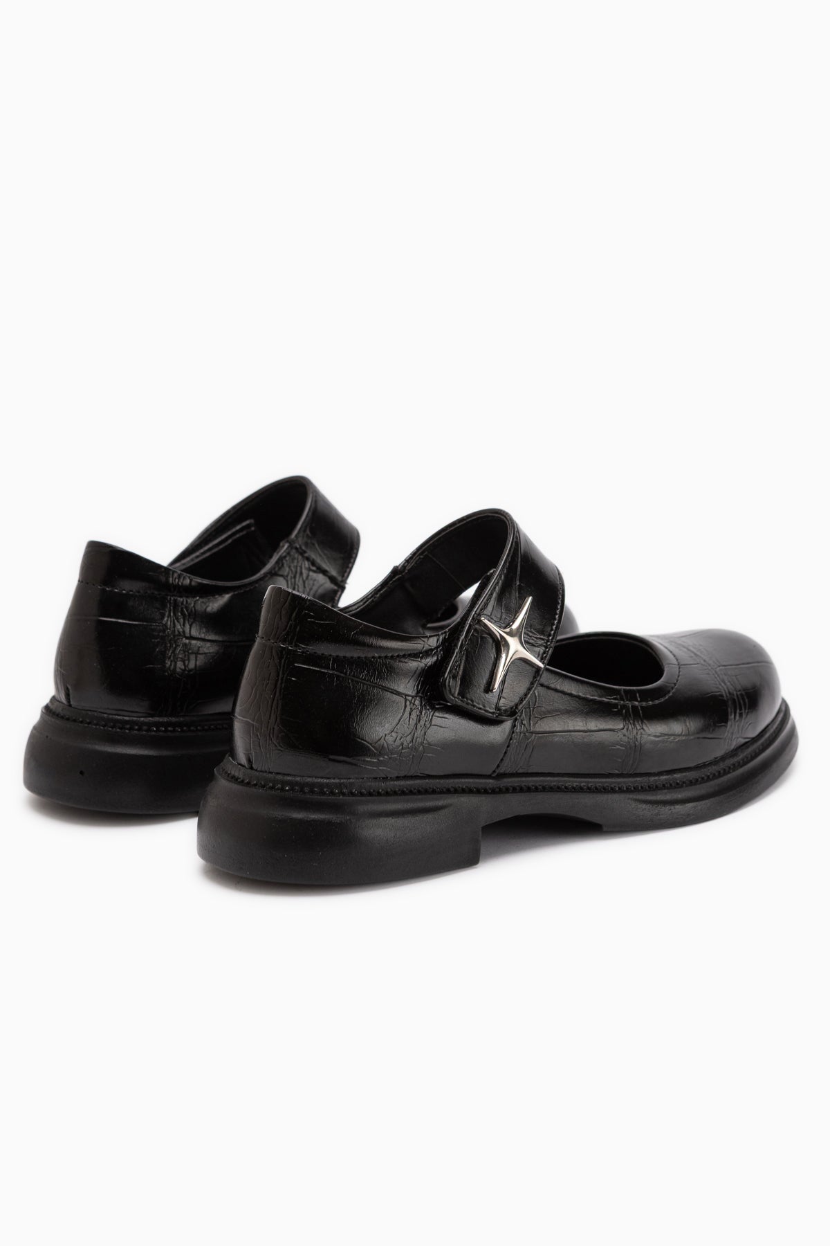Rozalin Schwarze Krokodilriemen Dicke Sohle Damen Mary Jane Ballerinas