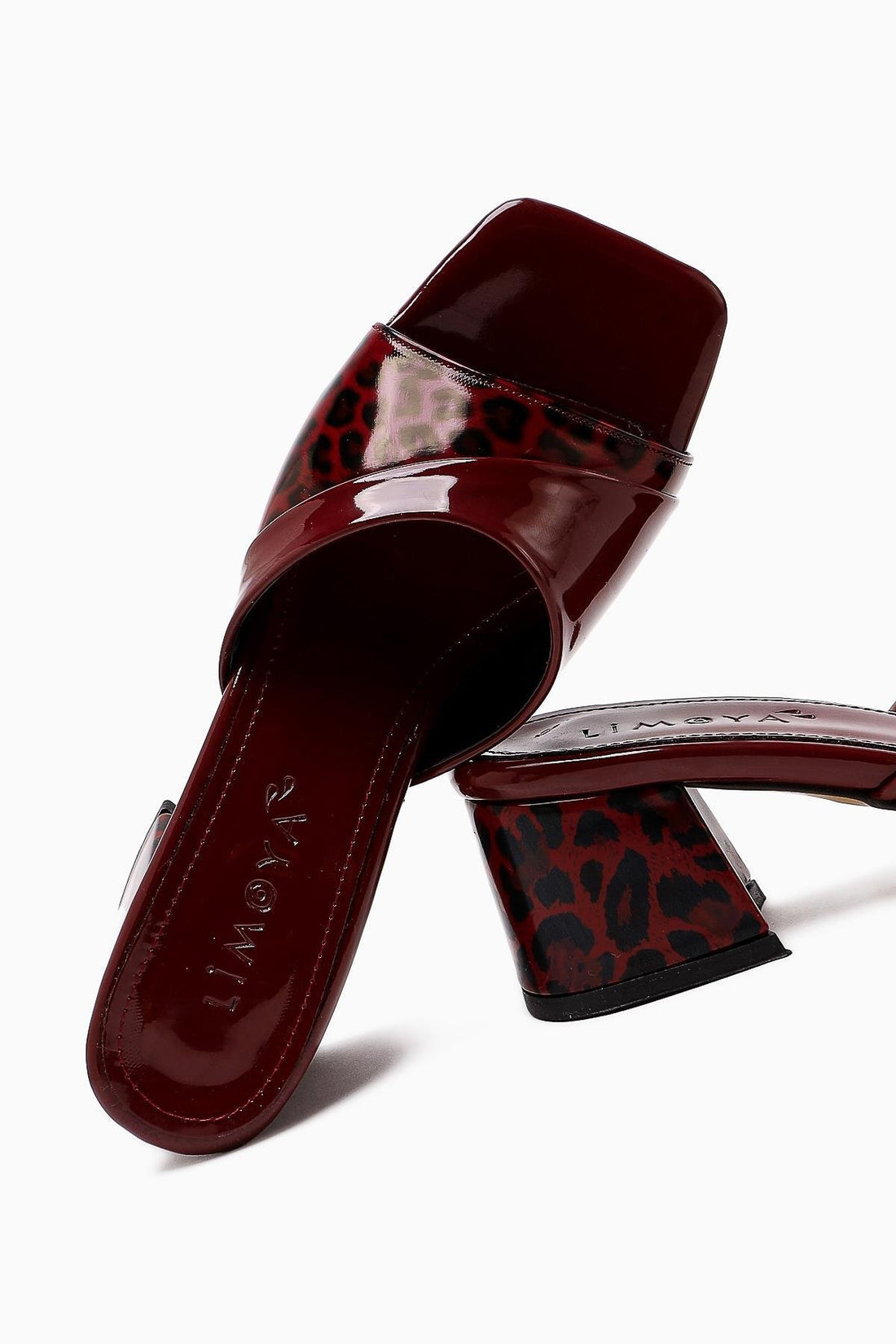 Morena Claret Red Patent Leather Leopard Detailed Short Heeled Women's Slippers