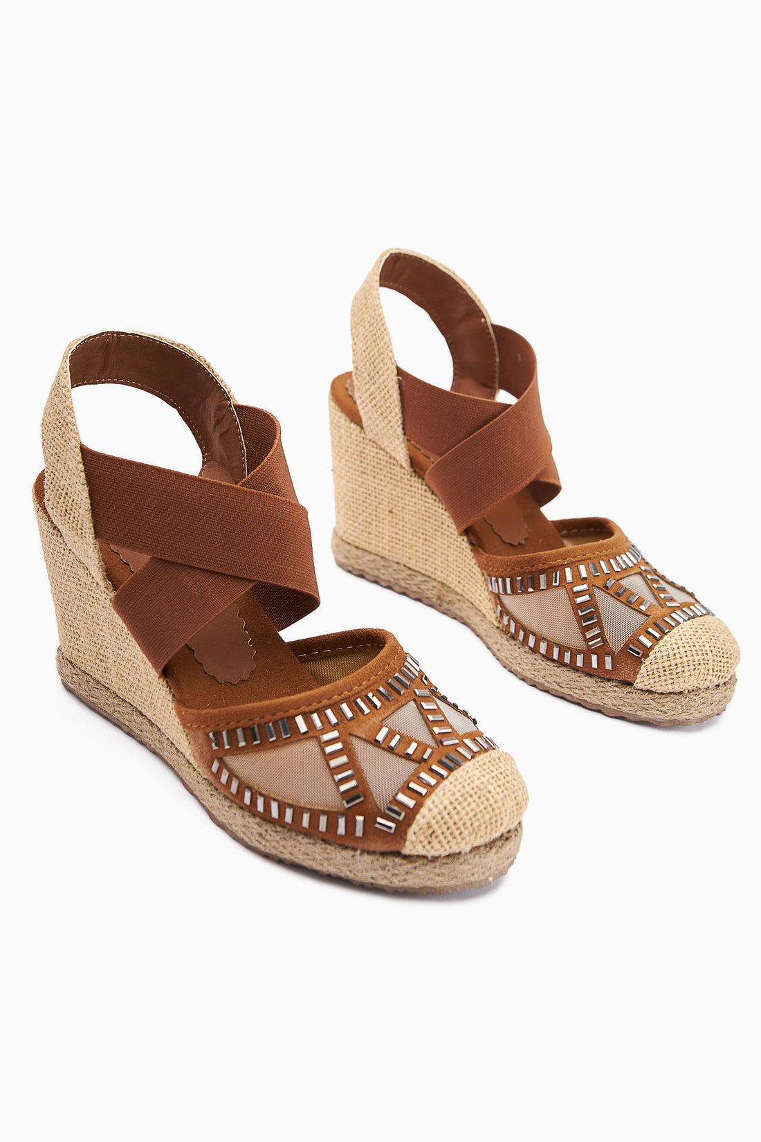 Meliza Brown Elastic Straw Sole Heeled Women's Sandals