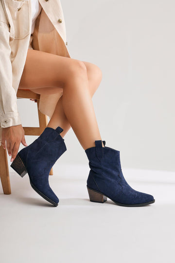 Joo Navy Blue Suede Pointed Toe Embroidered Western Boots