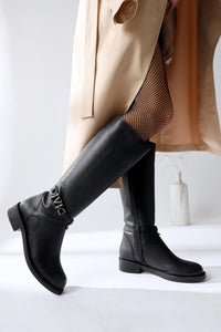 Momena Black Buckle Detail Zippered Low Heel Boots