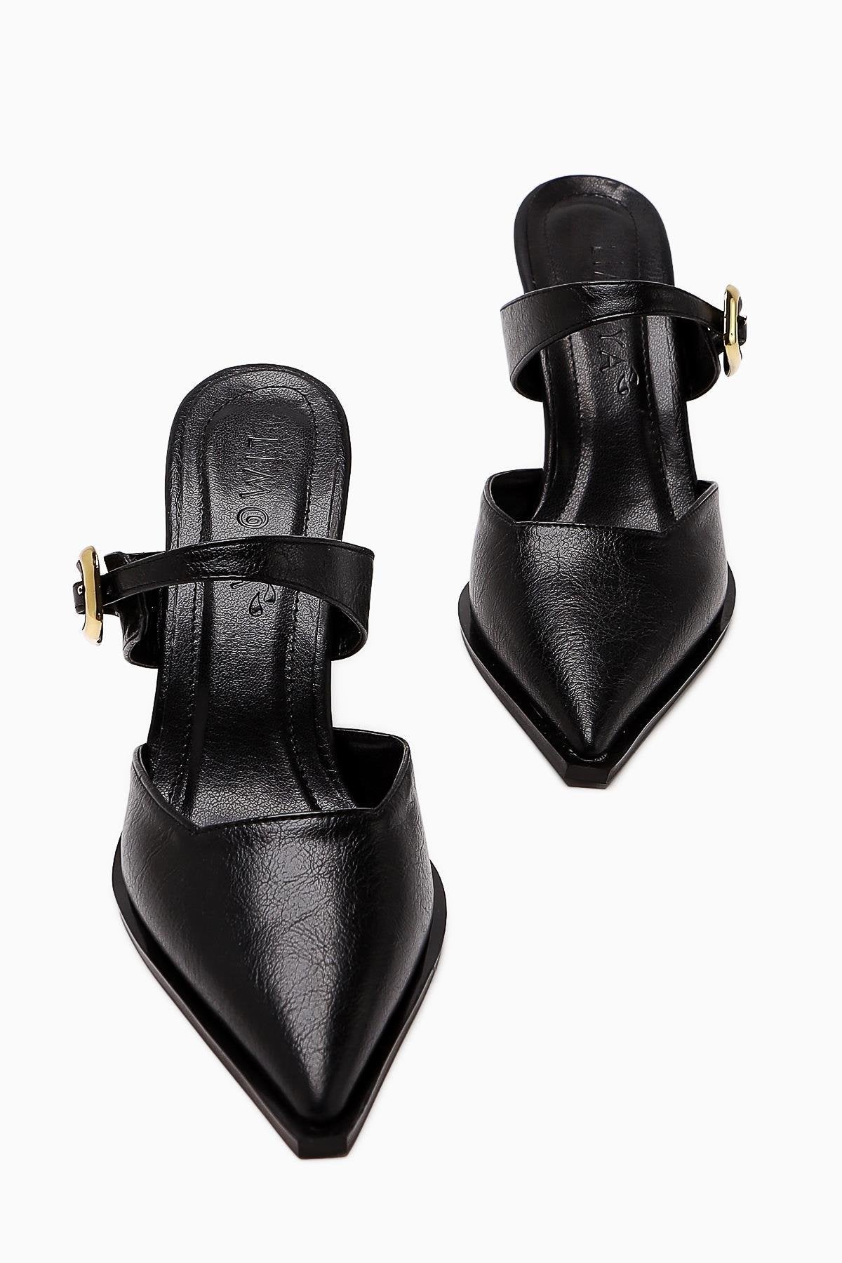 Yim Black Buckled Front Covered Heel Women's Shoes