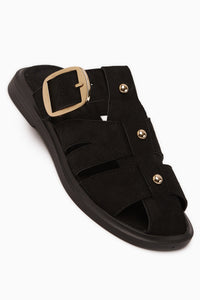 Joella Schwarze Wildleder Schnalle Damen Pantoletten