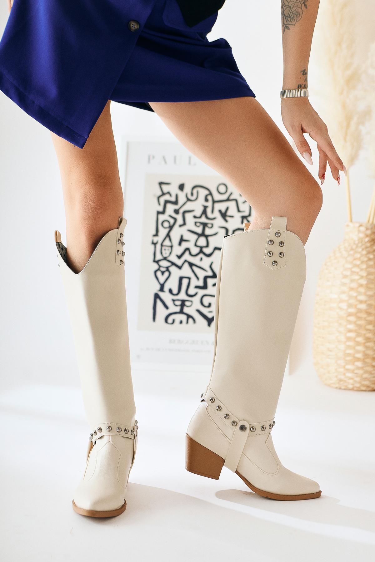 Caarina – Beige Kniehoher Stiefel mit abnehmbarem Schaft (Damen)