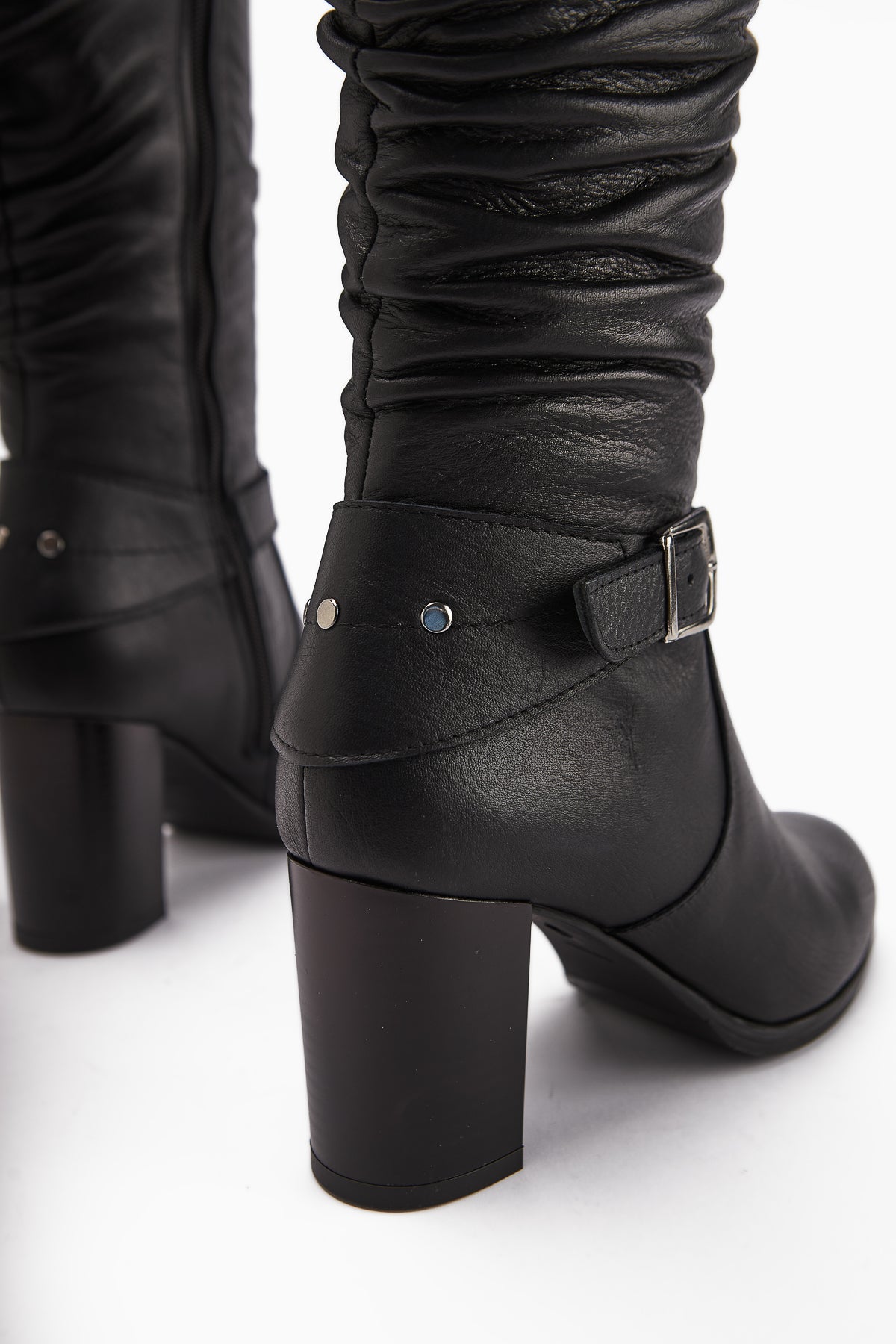 Ting Genuine Leather Black Buckle Detailed Women's Heeled Boot