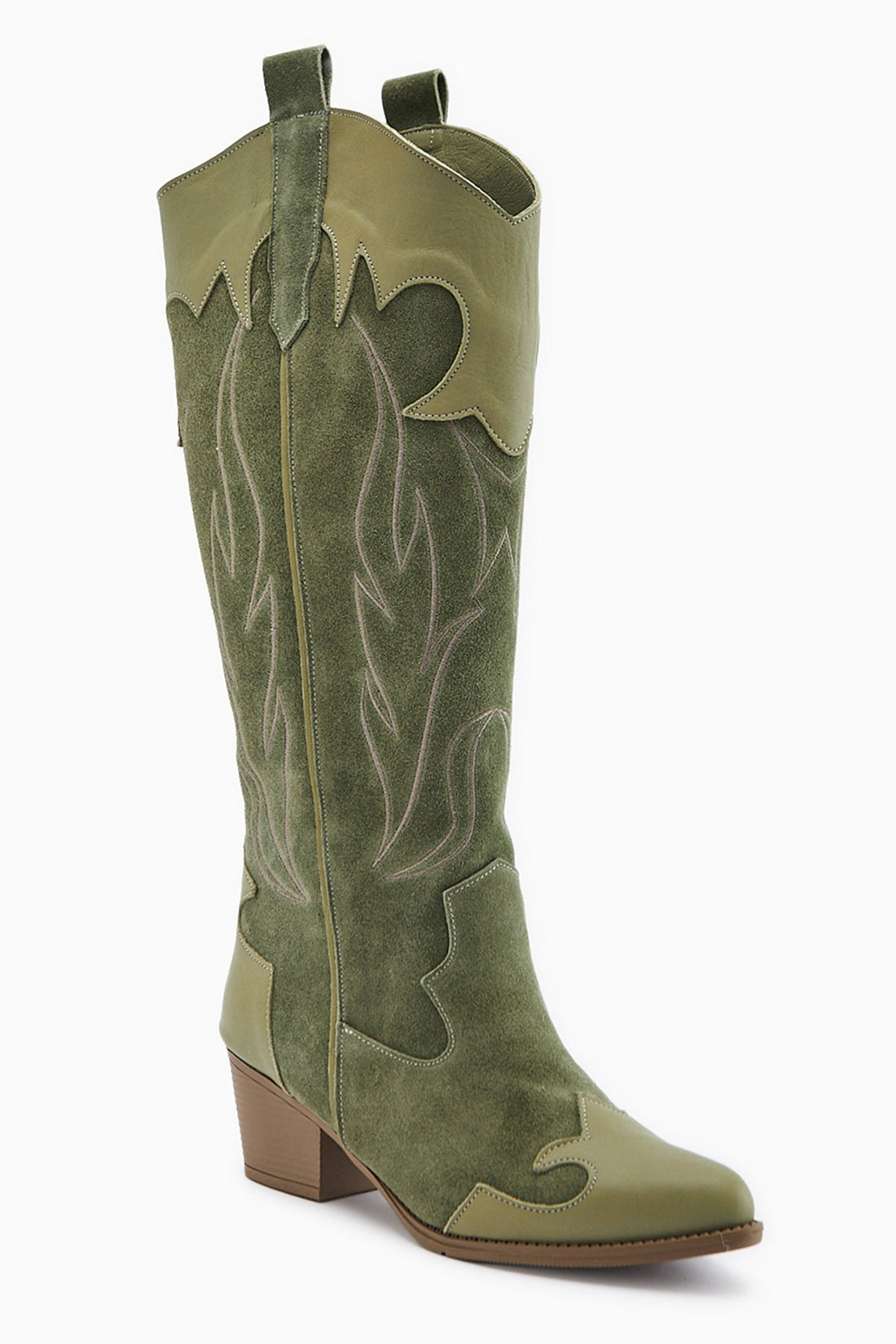 Lara Genuine Leather Olive Suede Embroidered Leather Detailed Heeled Western Boot
