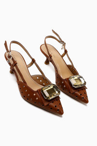 Hazel Brown Pointed Toe Laser Cut Stone Women's High Heel Shoes