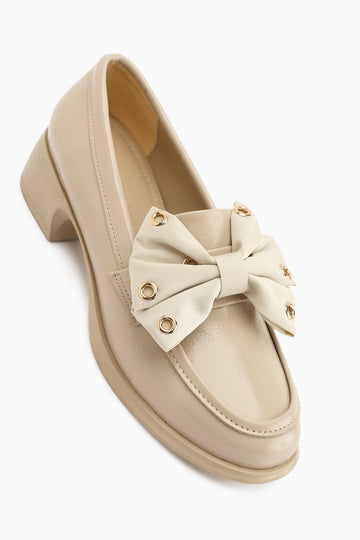 Ivet Nude Bow Detailed Heeled Loafer Women's Shoe