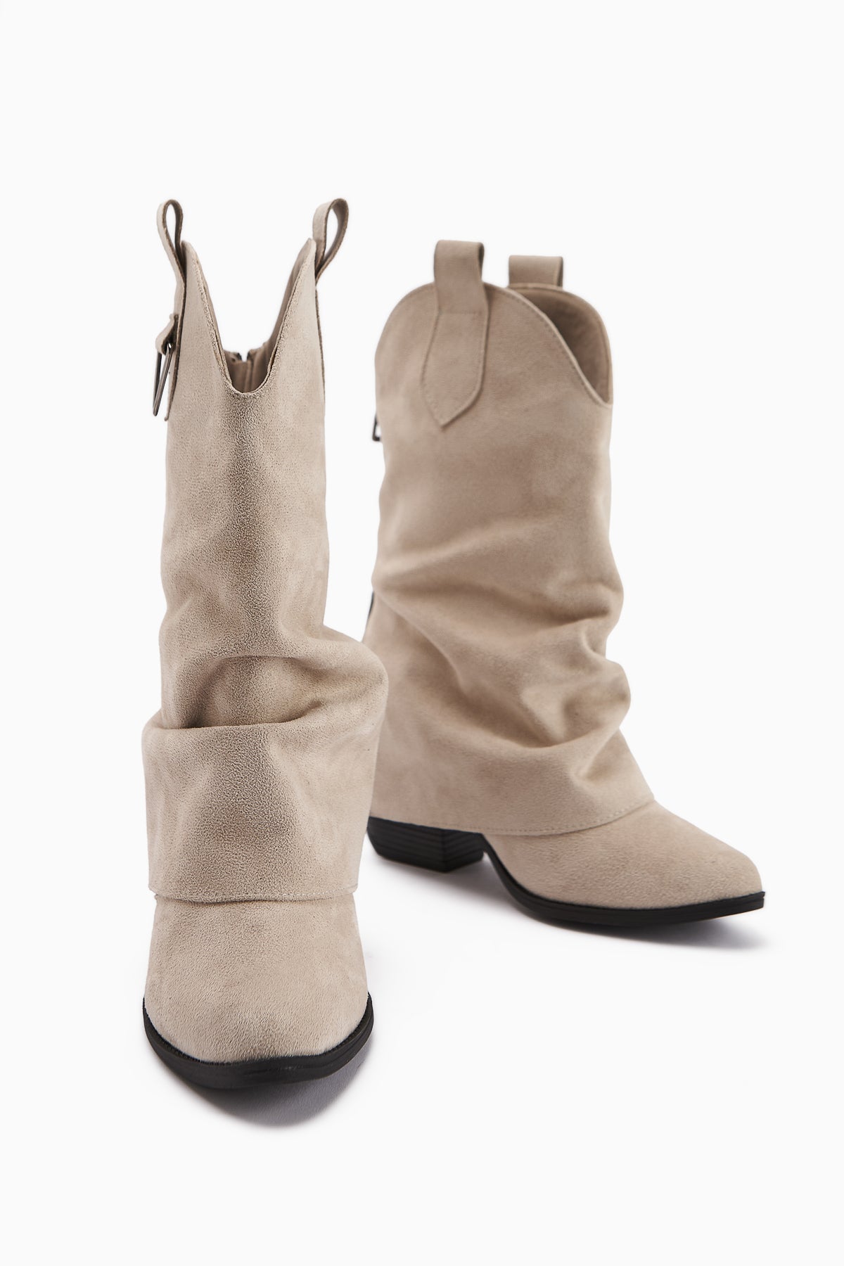 Peggy – Beige Suede Heeled Western Knee-High Boot (Women)