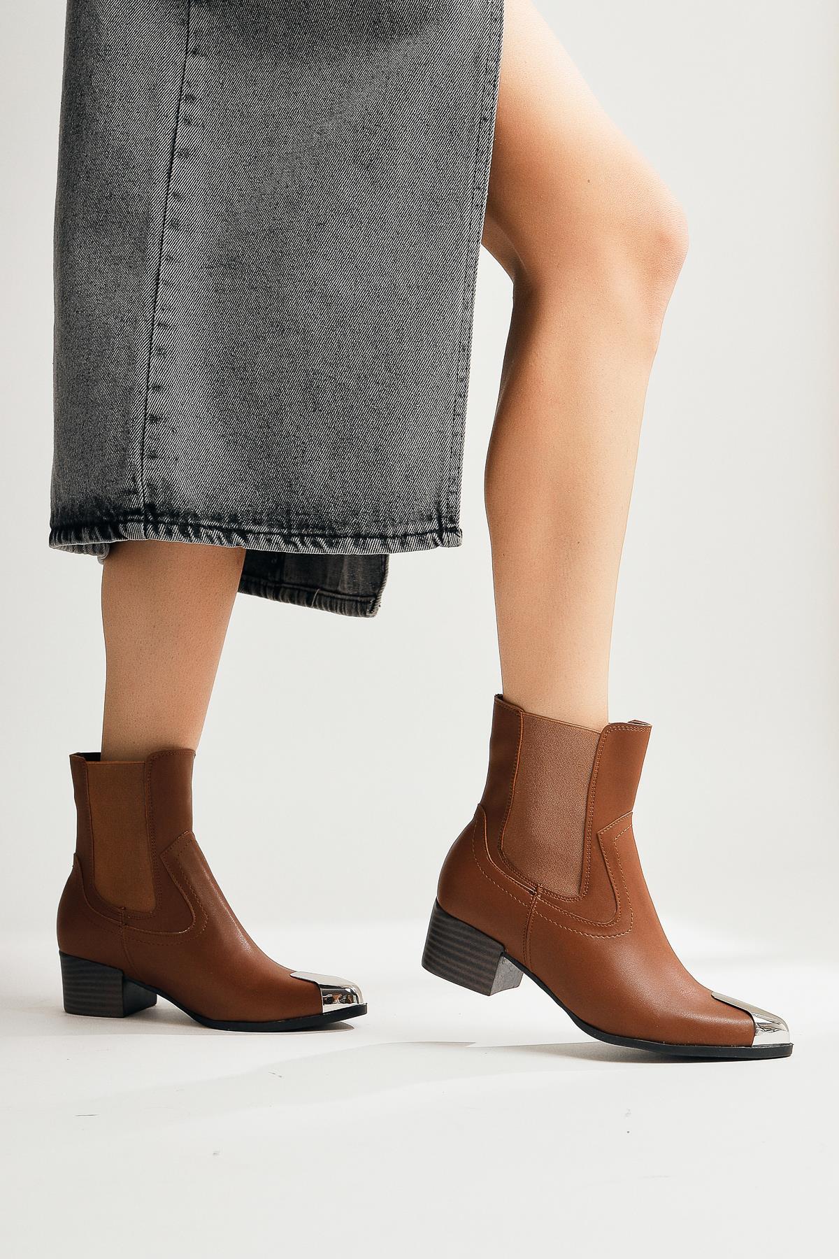 Micki Tan Pointed Toe Metal Detailed Boots