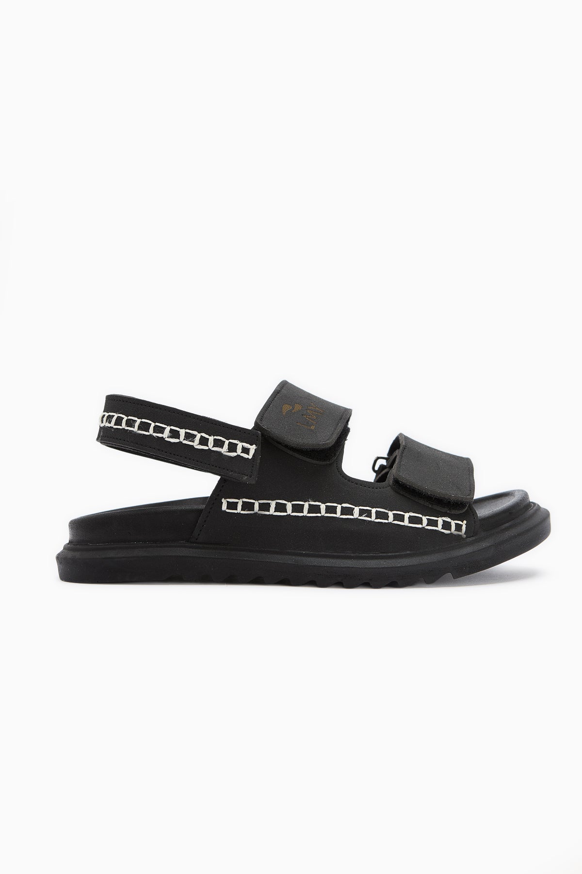 Sanna Damen Schwarze Sandale mit Stickerei Detail und Klettverschluss