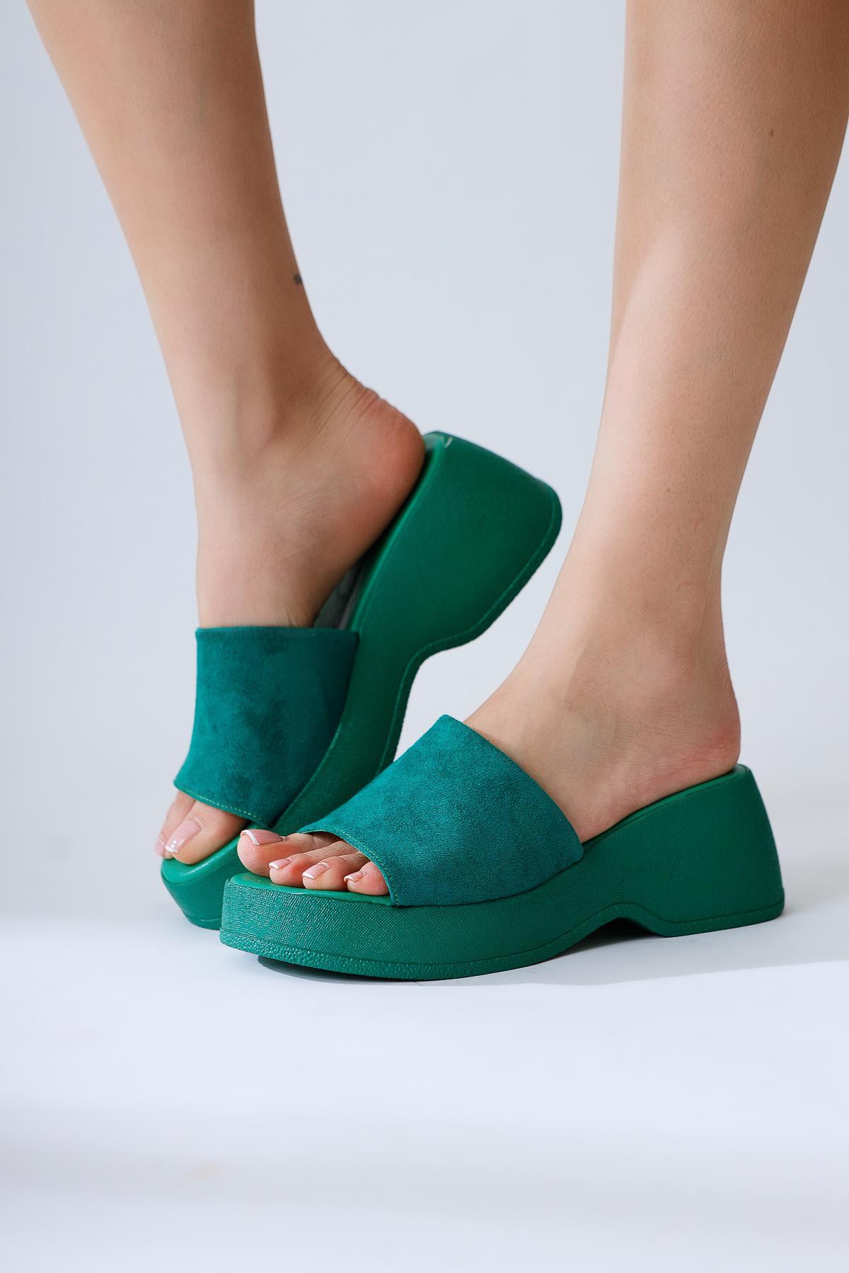 Safora Green Suede Platform Slippers