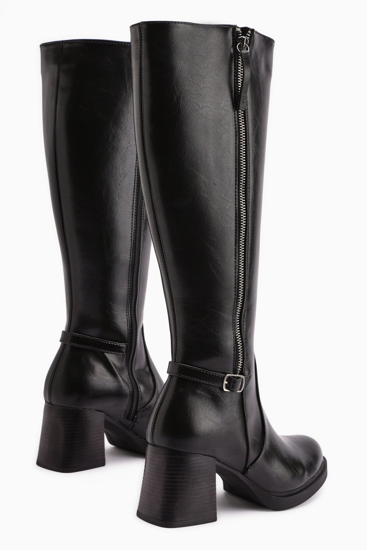 Nelia – Black Wide-Calf Heeled Knee-High Boot (Women)