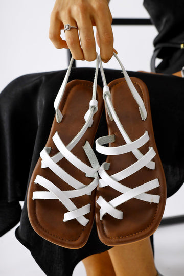 Genuine Leather Lucile White Cross Thin Strap Sandals