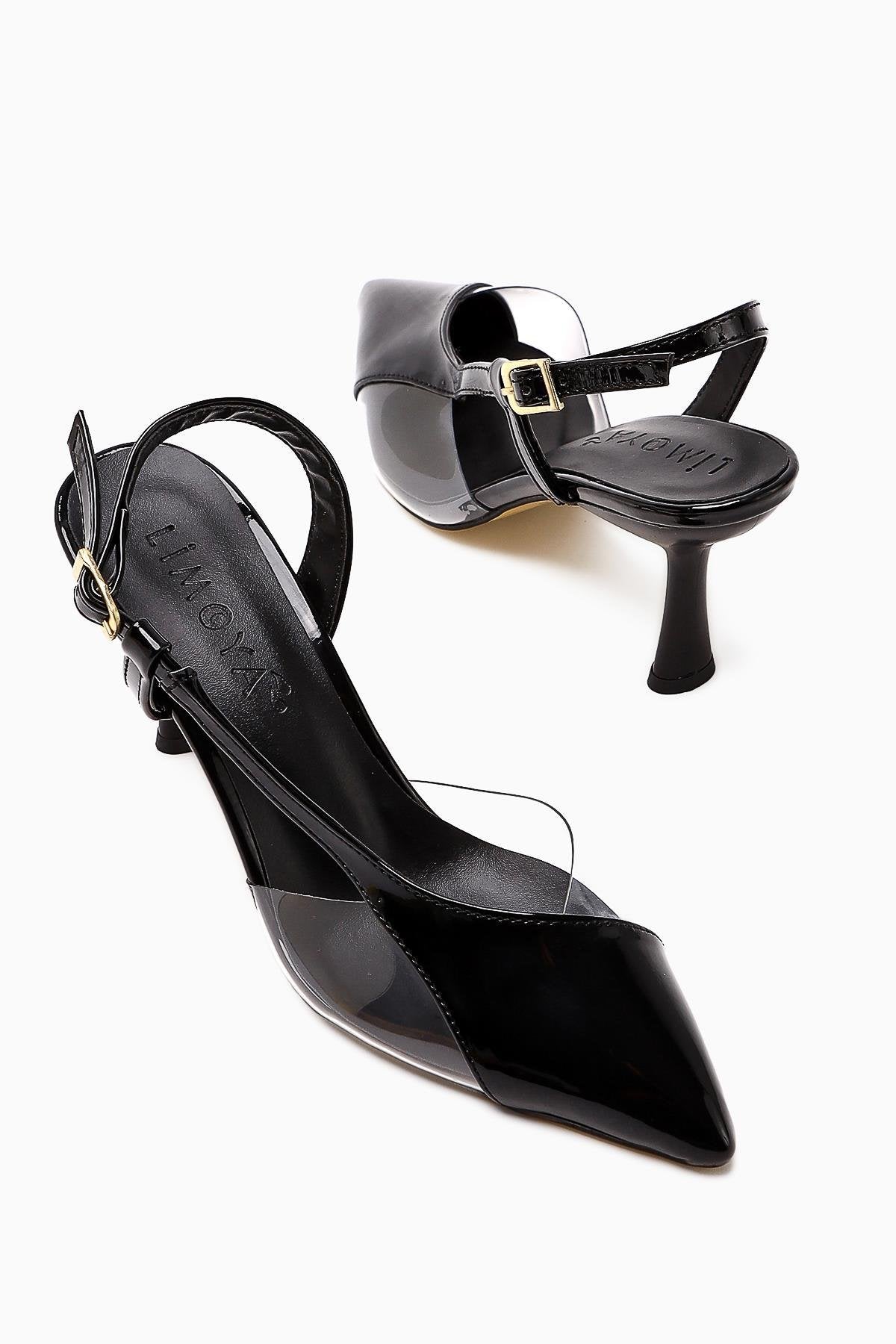 Aliah Schwarze Lackleder Spitz Pumps mit Transparentem Detail