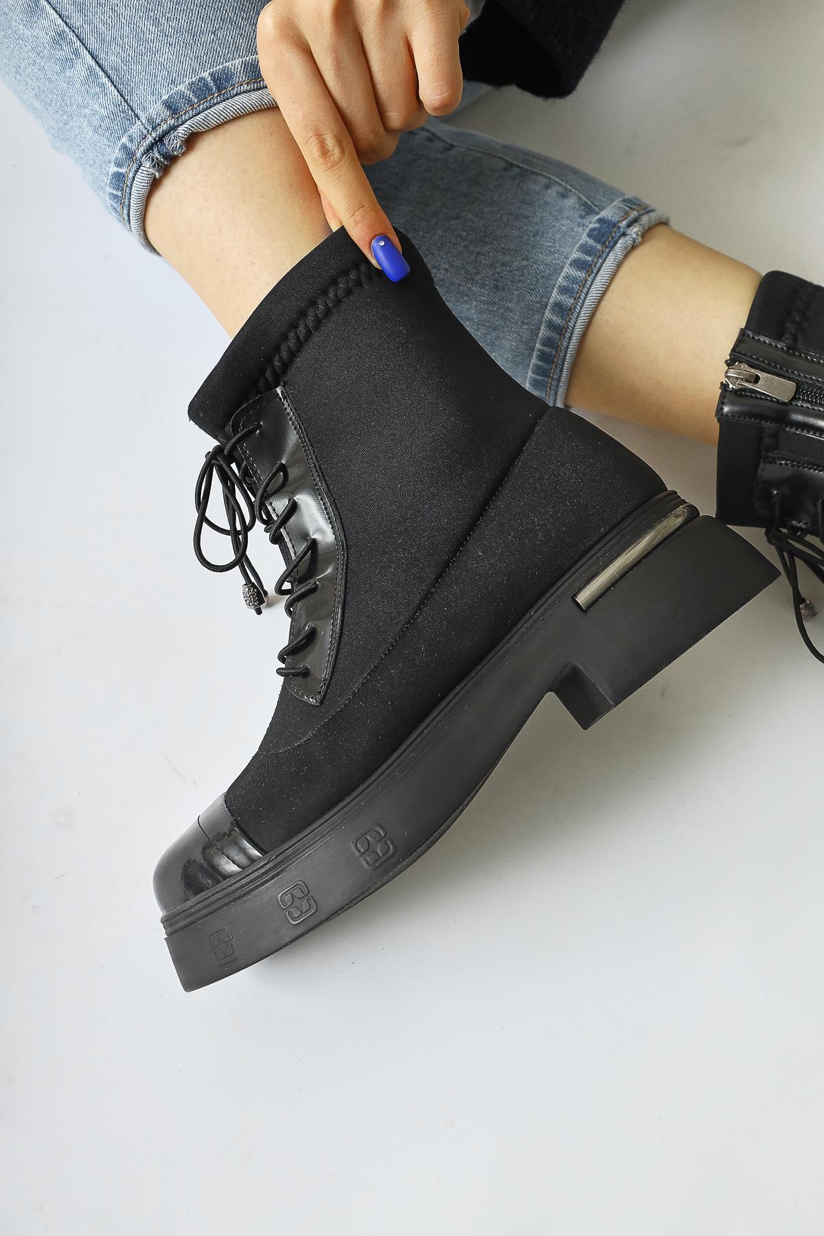 Maline – Black Scuba Fabric Patent-Detail Thick-Sole Boot (Women)