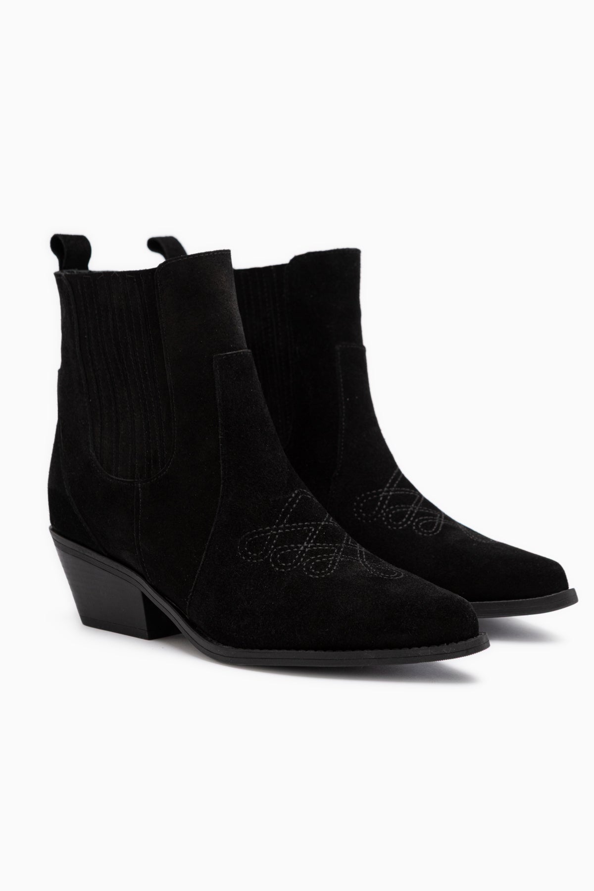 Freya Echtes Leder Schwarz Wildleder Bestickte Detail Damen Cowboy Stiefel