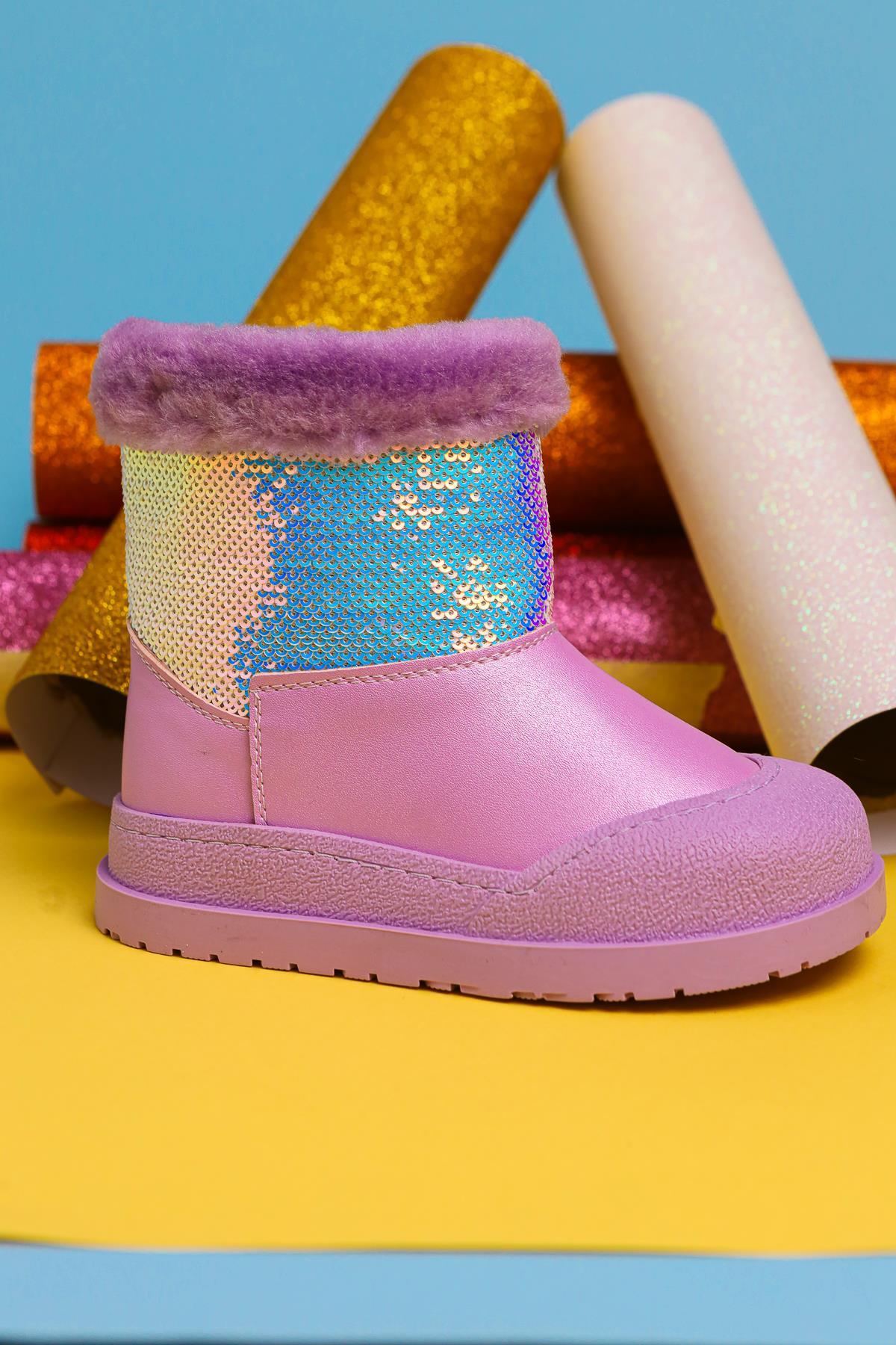 Hanne – Lila Stiefelette mit Pailletten und veganem Fellfutter (Kinder)