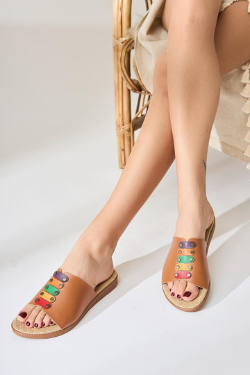 Genuine Leather Nicola Tan Straw Based Colorful Buckled Slippers