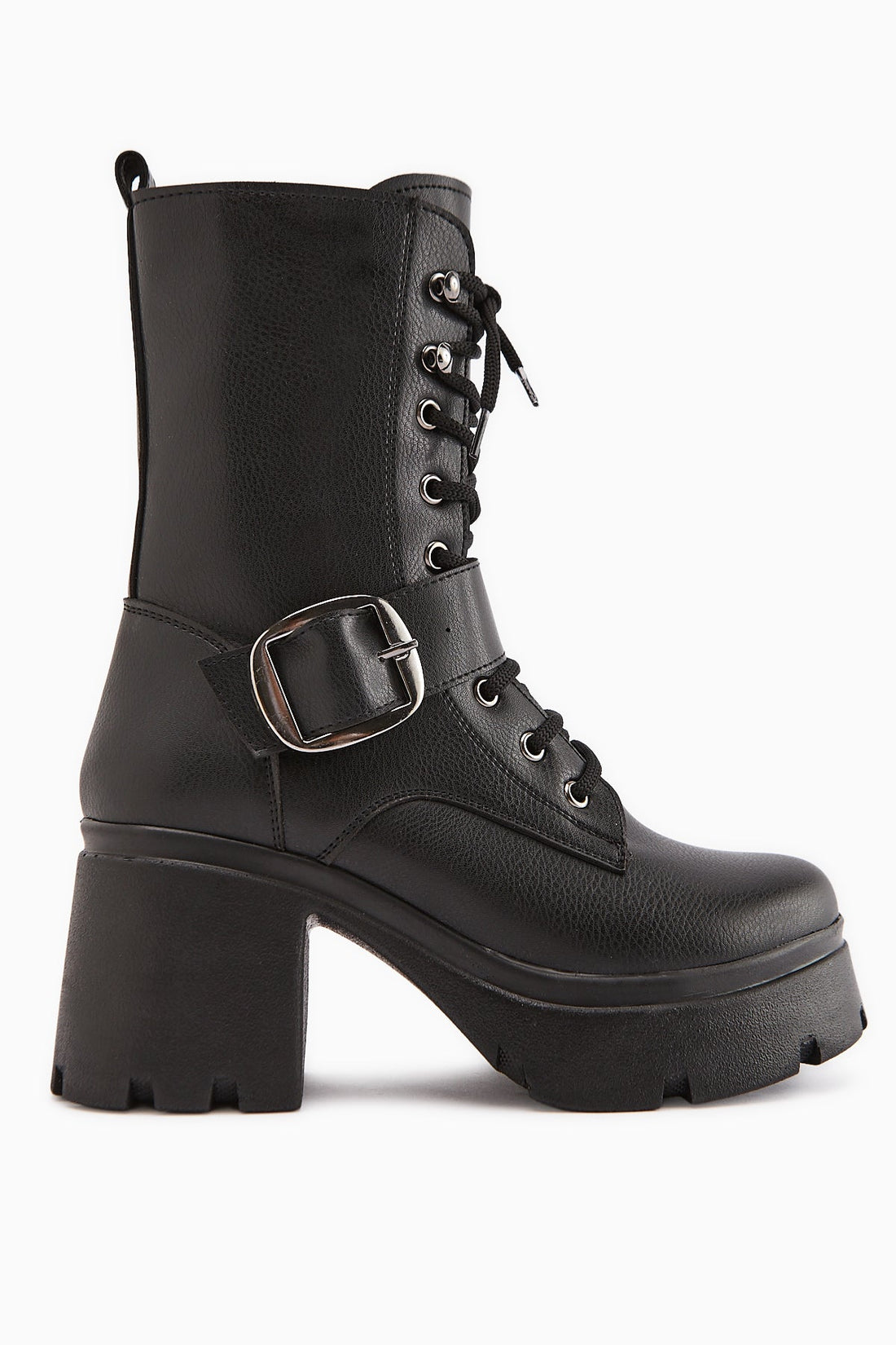 Caklin Women's Black Platform Heeled Boot with Belt Detail