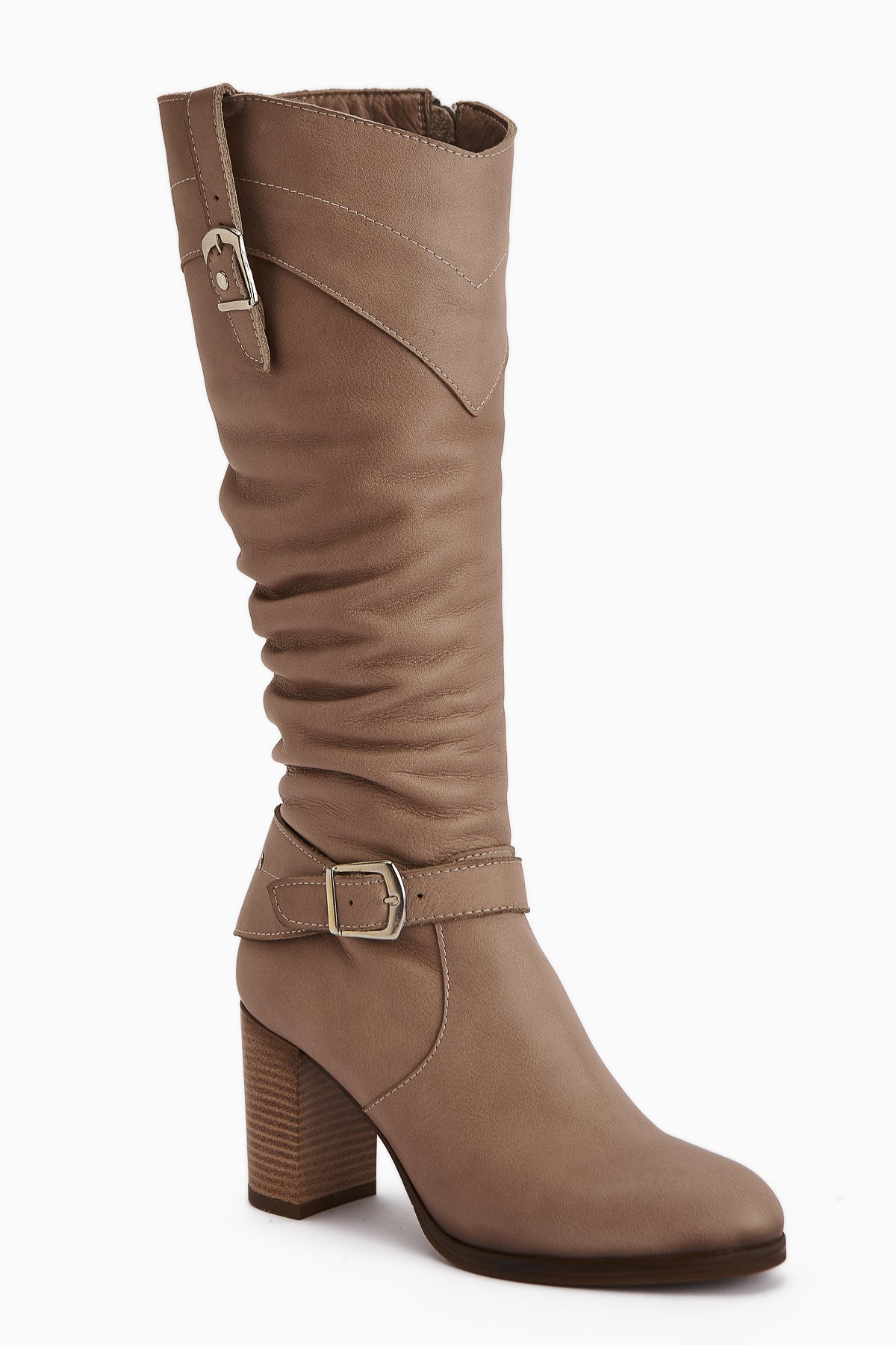 Ting Genuine Leather Mink Buckle Detail Women's Heeled Boot