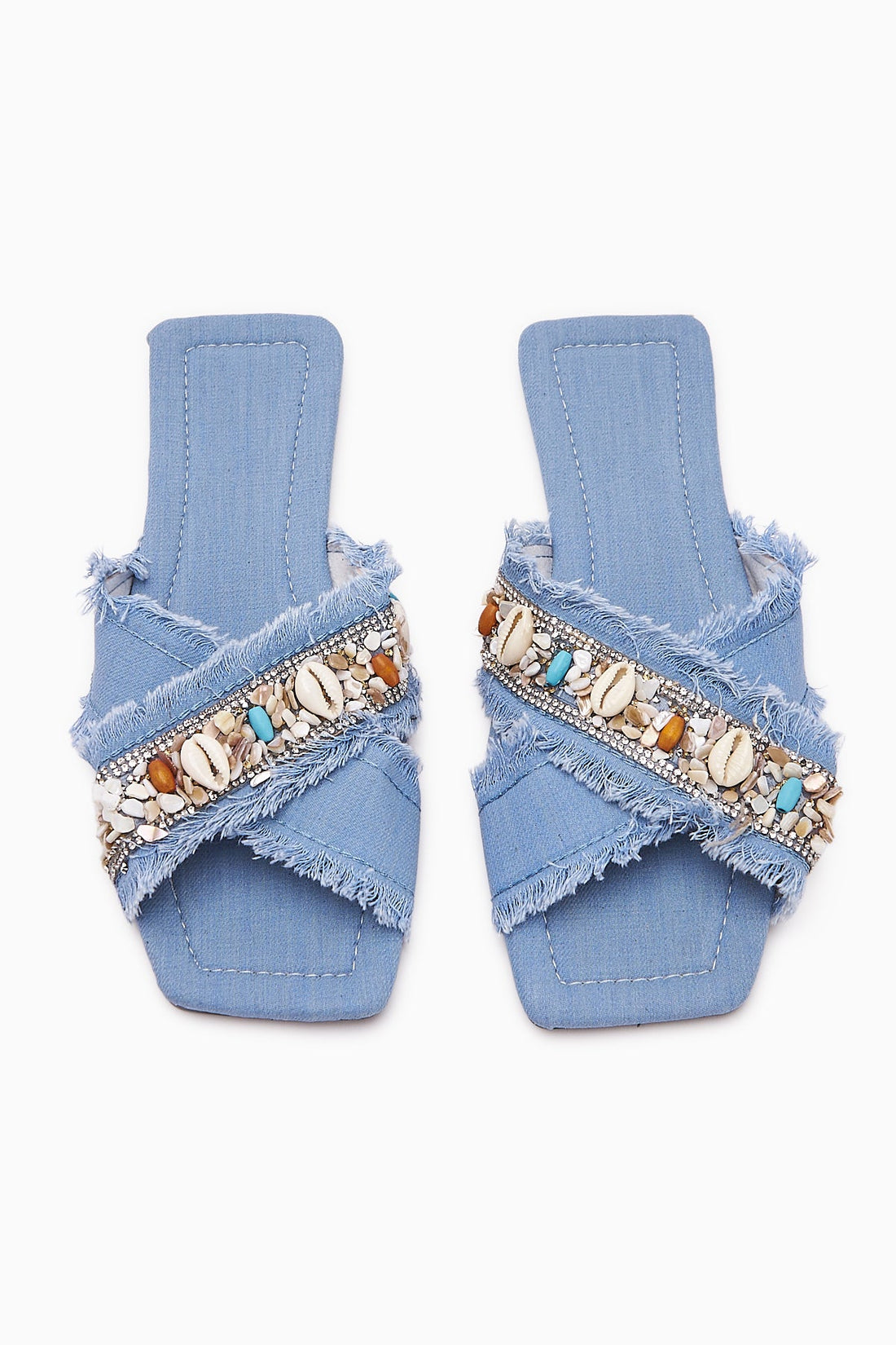 Felisa Blue Stone and Sea Shell Embellished Bohemian Women's Slippers