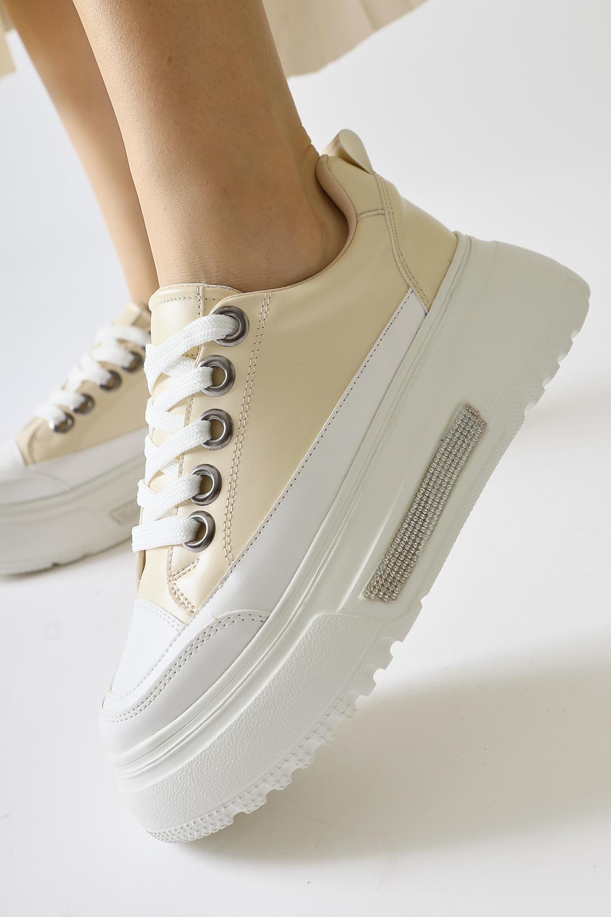 Rosella Beige Thick Soled Stone Detailed Lace-Up Sneakers