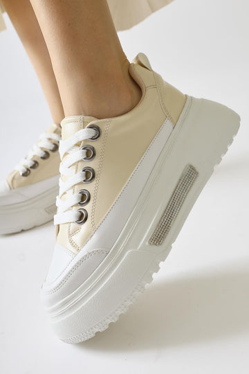 Rosella Bej Kalın Tabanlı Taş Detaylı Bağcıklı Sneakers