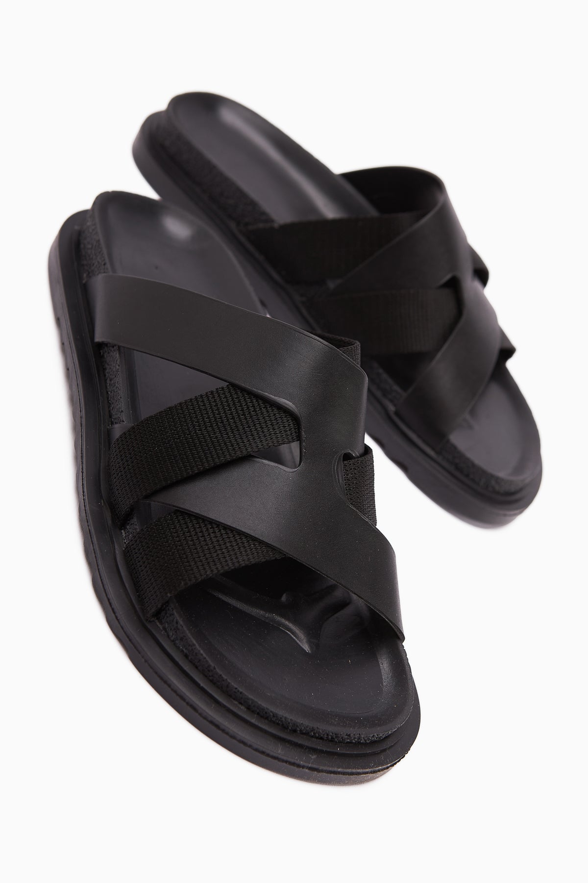 Rumi Black Cross-Strap Women's Slippers