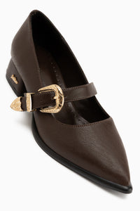 Jacklin Braun Riemchen Kurz Absatz Damen Schuhe