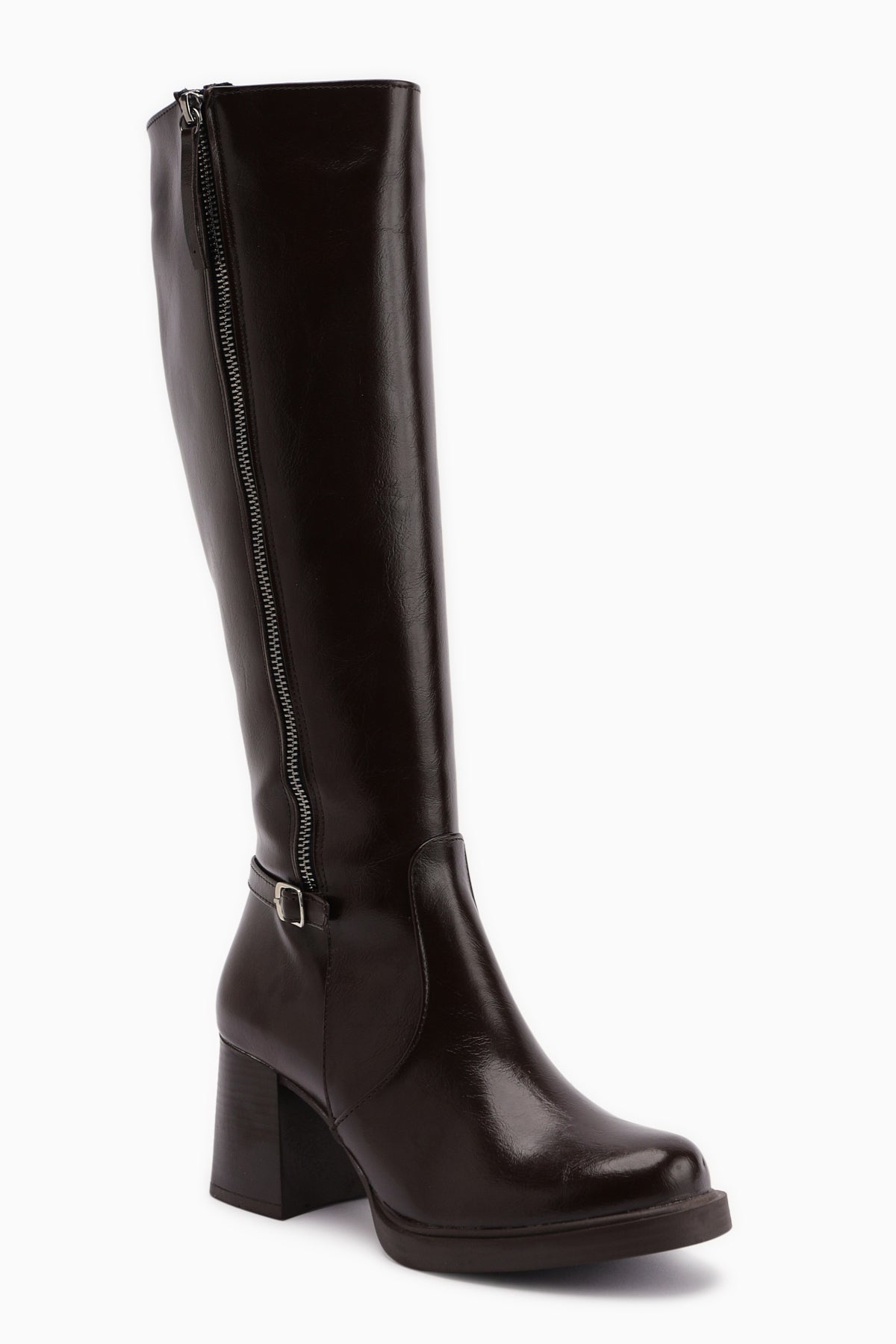 Nelia – Brown Wide-Shaft Heeled Knee-High Boot (Women)