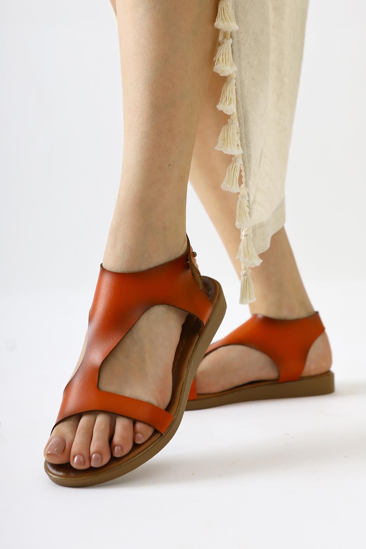 Koralle Echtes Leder Orange Asymmetrische Schnitt Sandalen